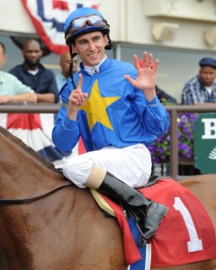 Ramon Dominguez celebrates six victories at Belmont after Cupecoy's Joy (Adam Coglianese)