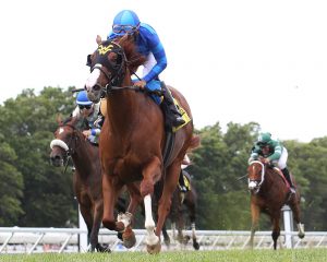 Miss Alacrity #6 with Paco Lopez riding won the $100,000 Colleen Stakes at Monmouth Park Racetrack in Oceanport, NJ on Sunday August 1, 2021. Photo By Bill Denver/EQUI-PHOTO